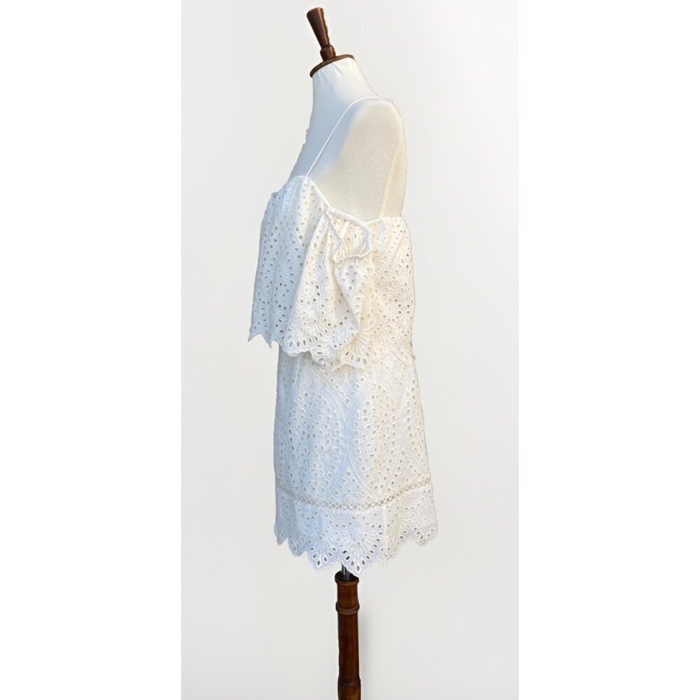 Saylor Women’s Ivory Off Shoulder Eyelet Dress Scalloped Overlay Lined Cocktail - Picture 12 of 13